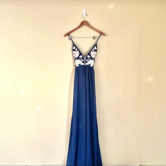 Soieblu Blue Floral Embroidered Maxi Gown Small Party Formal Wedding - Picture 2 of 8